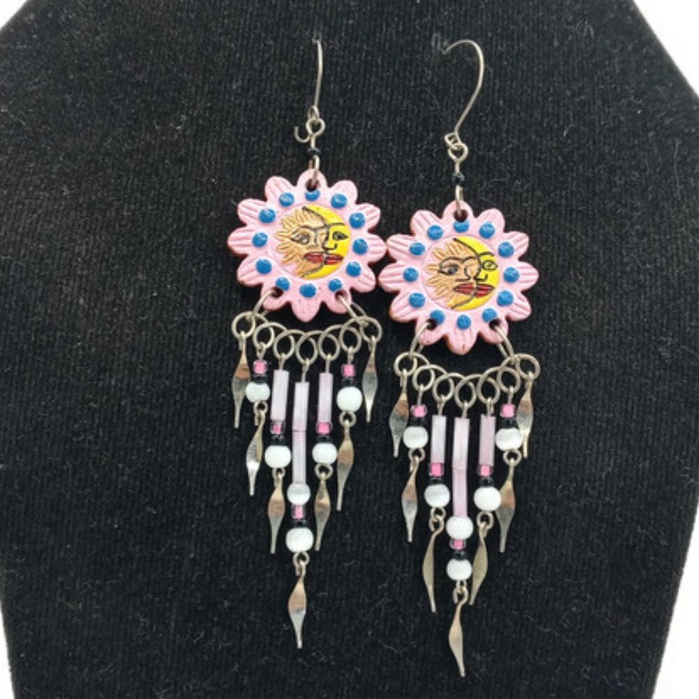 Handmade Ceramic Earrings for Women Multicolor Beads Flower, Sun and Moon Design